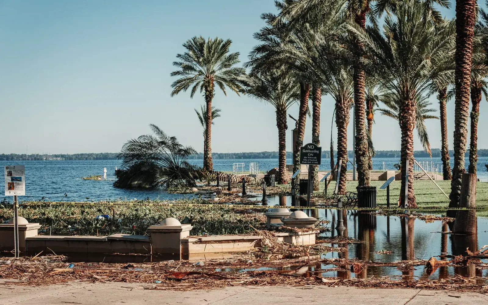 Palm trees and a waterfront walkway partly covered by floodwater after a storm